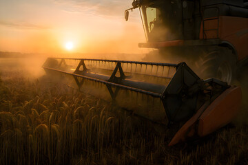 Fototapeta premium Combiner working in a field at sunset, showing agricultural machinery in operation, crop harvesting, farming activity, and rural landscape environment during golden hour