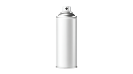 A white aerosol spray can with a metallic silver cap and nozzle, perfect for product placement and advertising in personal care or industrial applications.