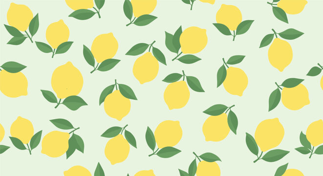 Simple and clean seamless pattern of fresh yellow lemons with green leaves scattered randomly on a light pastel green background.