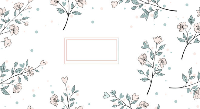 Delicate floral frame background with hand-drawn branches of flowers and heart-shaped leaves, with a blank text box in the center.