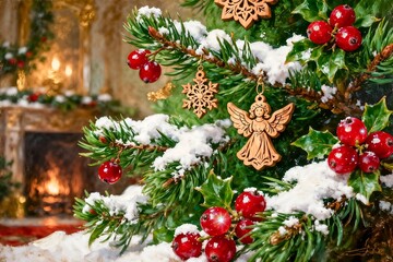 Close-up of a decorated Christmas tree with snow-dusted branches, wooden ornaments, holly leaves, and red berries, set against a warm festive interior.
