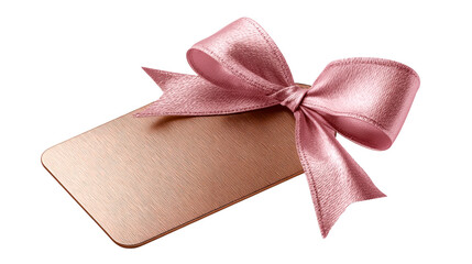 Elegant pink satin ribbon bow tied to a textured rose gold gift tag for special occasions and product packaging, perfect for marketing and design projects.