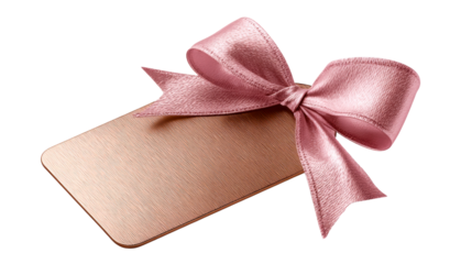 Elegant pink satin ribbon bow tied to a textured rose gold gift tag for special occasions and product packaging, perfect for marketing and design projects.