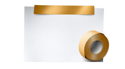 Golden textured ribbon holding a white textured paper sheet with a roll of golden paper unrolling on the side perfect for presentations and stationery themes