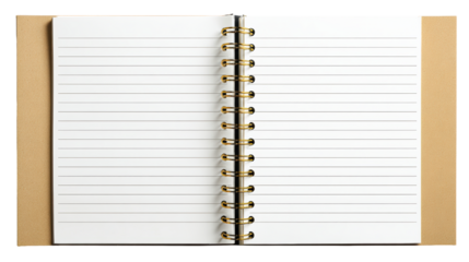 Open spiral bound notebook with lined white pages and a kraft paper cover, perfect for journaling or note taking in an office or school setting.