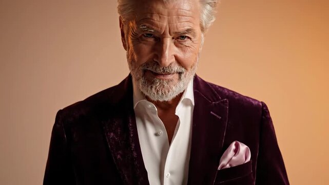 Smiling mature man in purple velvet jacket