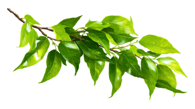 Vibrant green leaves unfurl from a woody branch, showcasing natural growth and botanical beauty for spring or summer foliage themes.