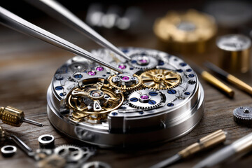 Intricate details of a mechanical watch being assembled with precision tools