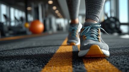 Walking on a treadmill during a therapy session in a gym with exercise equipment and large windows