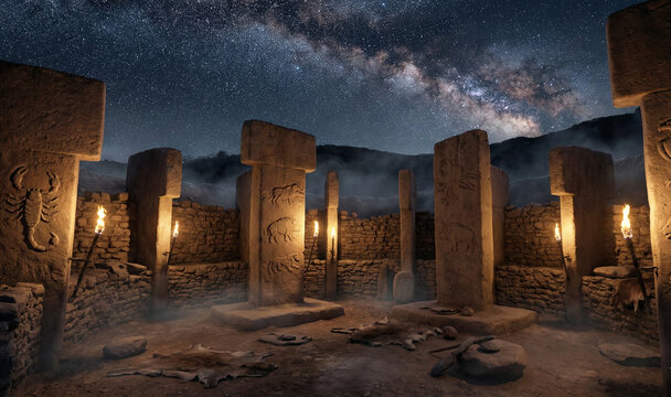 Hyper-realistic cinematic reconstruction of the ancient Göbekli Tepe archaeological site at night. Massive T-shaped limestone pillars with intricate animal reliefs stand under a dramatic Milky Way sky