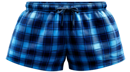 Comfortable blue plaid lounge shorts with drawstring waist perfect for casual wear and relaxation, showcasing soft fabric texture for sleepwear applications.