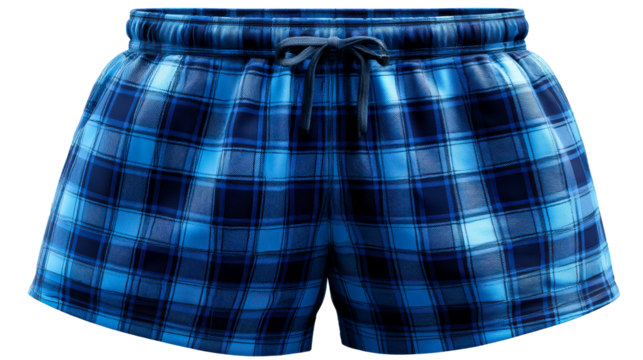 Comfortable blue plaid lounge shorts with drawstring waist perfect for casual wear and relaxation, showcasing soft fabric texture for sleepwear applications.