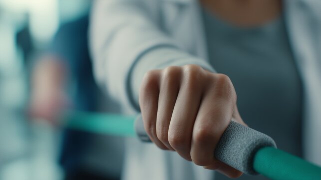 Hand gripping exercise bar in therapy session at clinic for rehabilitation and physical activity
