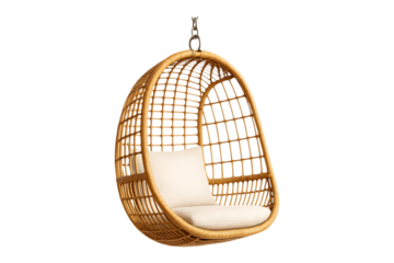 Comfortable Wicker Hanging Chair with Cushions for Relaxation Isolated on a Transparent Background