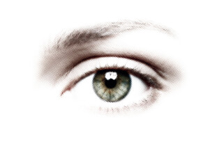 Green eye close-up in stylized halftone pop art style