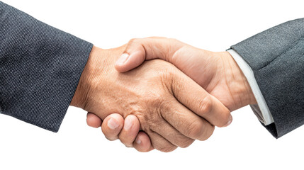 Two business people in suits shaking hands to signify agreement and partnership, perfect for representing success, cooperation, and professional relationships in corporate contexts.