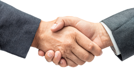 Two business people in suits shaking hands to signify agreement and partnership, perfect for representing success, cooperation, and professional relationships in corporate contexts.