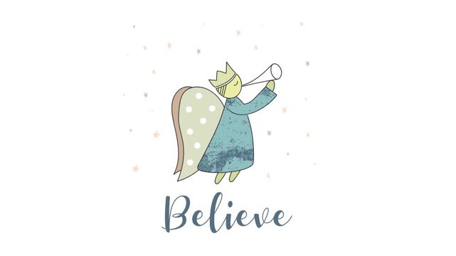 Christmas angel. He has a burning candle in his hand and trumpet on pipe.