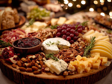 A festive board with assorted cheeses, fruits and nuts, prepared for the celebration.