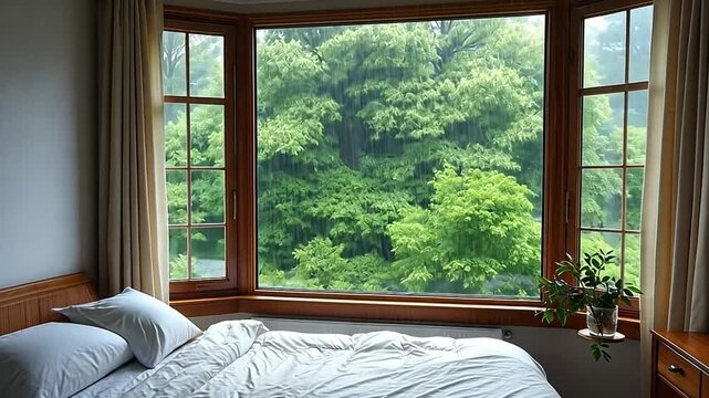 Cozy bedroom view of a rainstorm in a green forest. Looking out a large window from a comfortable bed. Relaxation and comfort at home