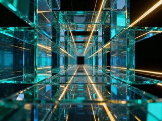 Futuristic glass corridor with glowing neon lights and reflective surfaces