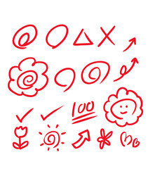 赤ペンで採点する手書きアイコンセット（花まる・チェック・矢印）