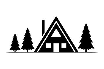 House and Christmas trees icon. Black silhouette. Front view. Vector simple flat graphic illustration. Isolated object on a white background.