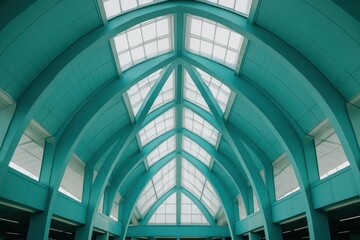 Upward view of a modern atrium ceiling with teal structural beams and skylights, emphasizing symmetry, geometry, light, and contemporary architectural elegance.