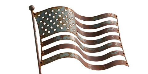 Bandiera USA al vento realizzata in metallo con una patina antica isolata su fondo bianco o trasparente