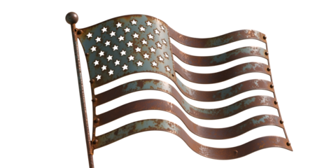 Bandiera USA al vento realizzata in metallo con una patina antica isolata su fondo bianco o trasparente