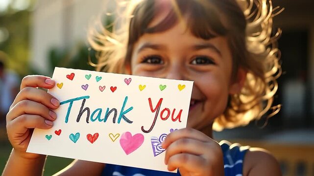 Happy little girl holding a handmade thank you card. Cute child smiling and showing a message of appreciation. Gratitude and kindness concept