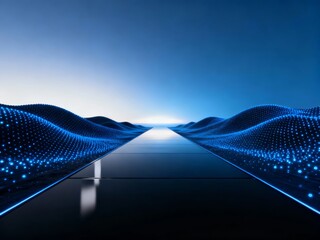 Abstract digital landscape with glowing blue particle waves converging toward a bright horizon