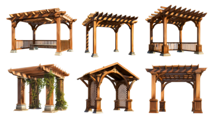 Collection of six distinct wooden pergolas and gazebos for outdoor living spaces and garden landscaping, perfect for architectural visualization and construction projects.