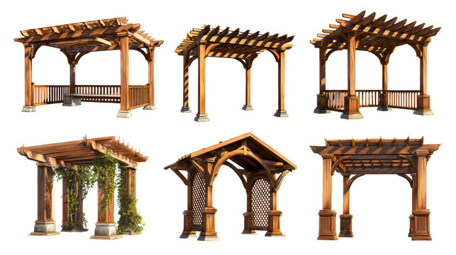 Collection of six distinct wooden pergolas and gazebos for outdoor living spaces and garden landscaping, perfect for architectural visualization and construction projects.