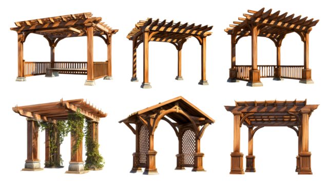 Collection of six distinct wooden pergolas and gazebos for outdoor living spaces and garden landscaping, perfect for architectural visualization and construction projects.
