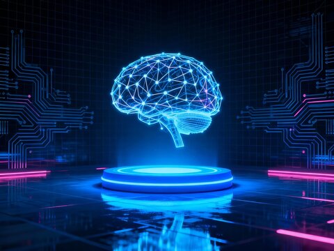 Digital brain model illuminated in a futuristic tech environment with circuit patterns and neon lighting - Powered by Adobe