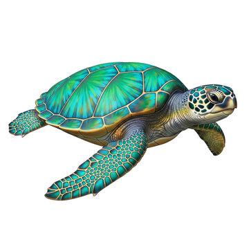 Illustration of a sea turtle with a patterned shell on a plain area on transparent background