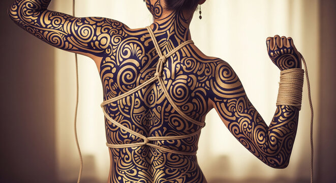 Woman's body painted with body art, woman practicing shibari art, back view
