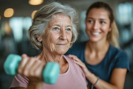 Senior woman lifts dumbbell under the guidance of a therapist in a physical therapy session - Powered by Adobe