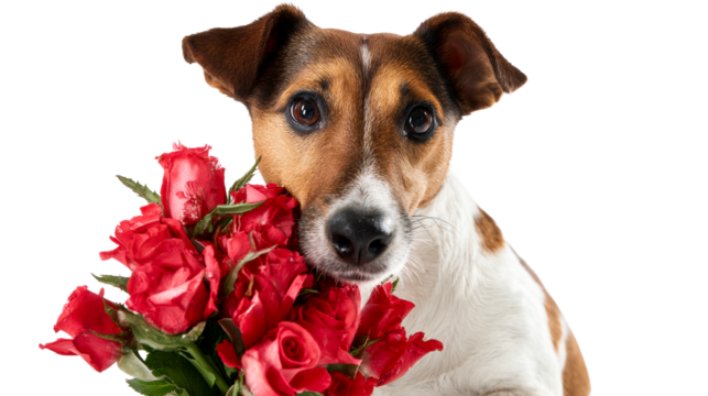 Adorable Jack Russell Terrier dog snuggles with a bouquet of vibrant red roses, perfect for expressing love and romance in greeting cards and special occasions marketing.