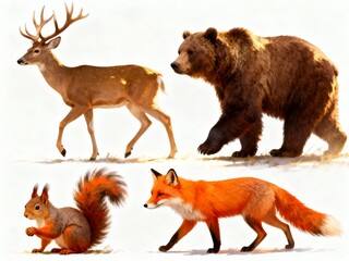 Illustration of a deer, bear, squirrel, and fox in natural poses
