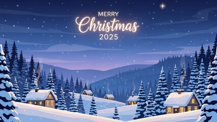 Dreamy winter landscape with cozy cabins amidst snow-covered pine trees, perfect for Christmas 2025 holiday greetings and seasonal promotions