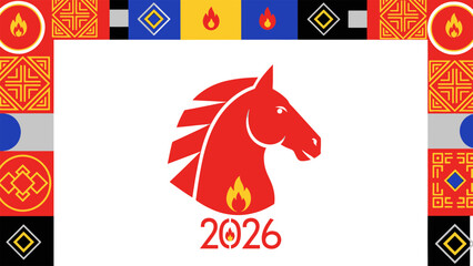 Vibrant red horse icon with '2026' and a flame symbol, surrounded by festive cultural geometric patterns