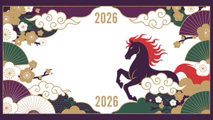 Elegant 2026 Lunar New Year design featuring a majestic horse, oriental clouds, and traditional elements for festivities