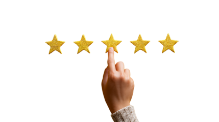 Hand touching a golden star on a yellow surface, representing customer feedback and online review satisfaction for services and products.