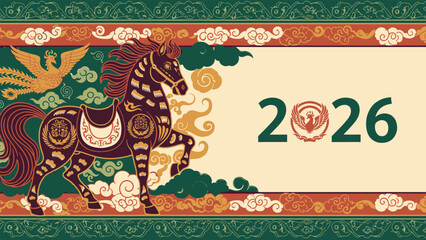 Elegant 2026 zodiac horse illustration with majestic phoenix and traditional Asian patterns for prosperity