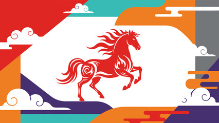 Dynamic red horse illustration amidst vibrant abstract elements, evoking themes of strength, prosperity, and festive energy for cultural celebrations