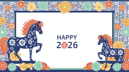Vibrant traditional oriental celebration banner for the Year of the Horse 2026, symbolizing prosperity and good fortune