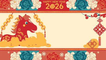 Festive 2026 Chinese New Year illustration featuring a spirited zodiac horse and traditional Asian ornaments, perfect for holiday greetings and cultural celebrations