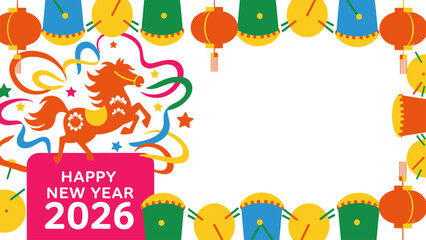 Dynamic festive frame for a lively New Year 2026 welcome, adorned with cheerful cultural illustrations and vibrant decorations